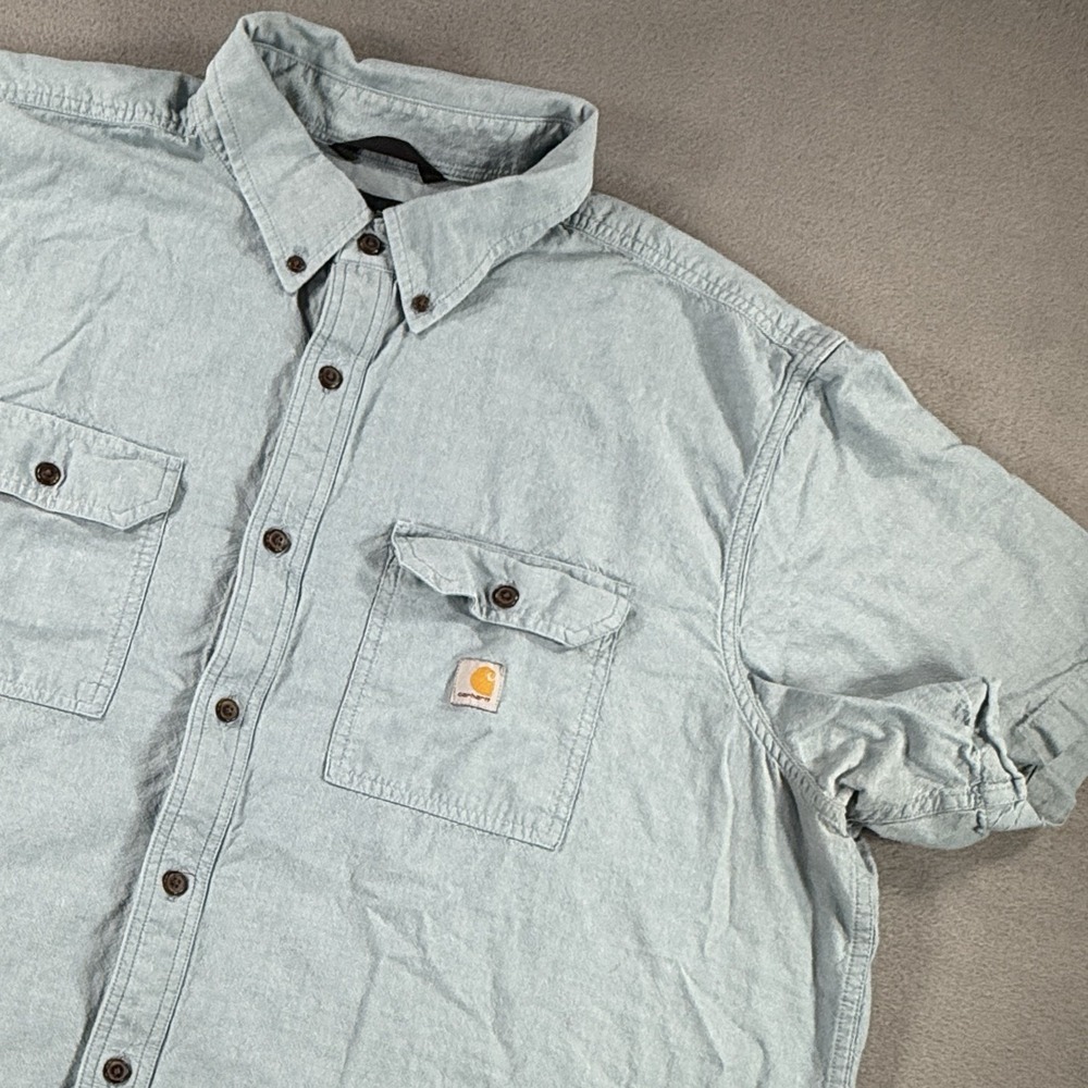 Carhartt Men’s 3XL Light Blue Denim Loose Fit Button Up Short Sleeve